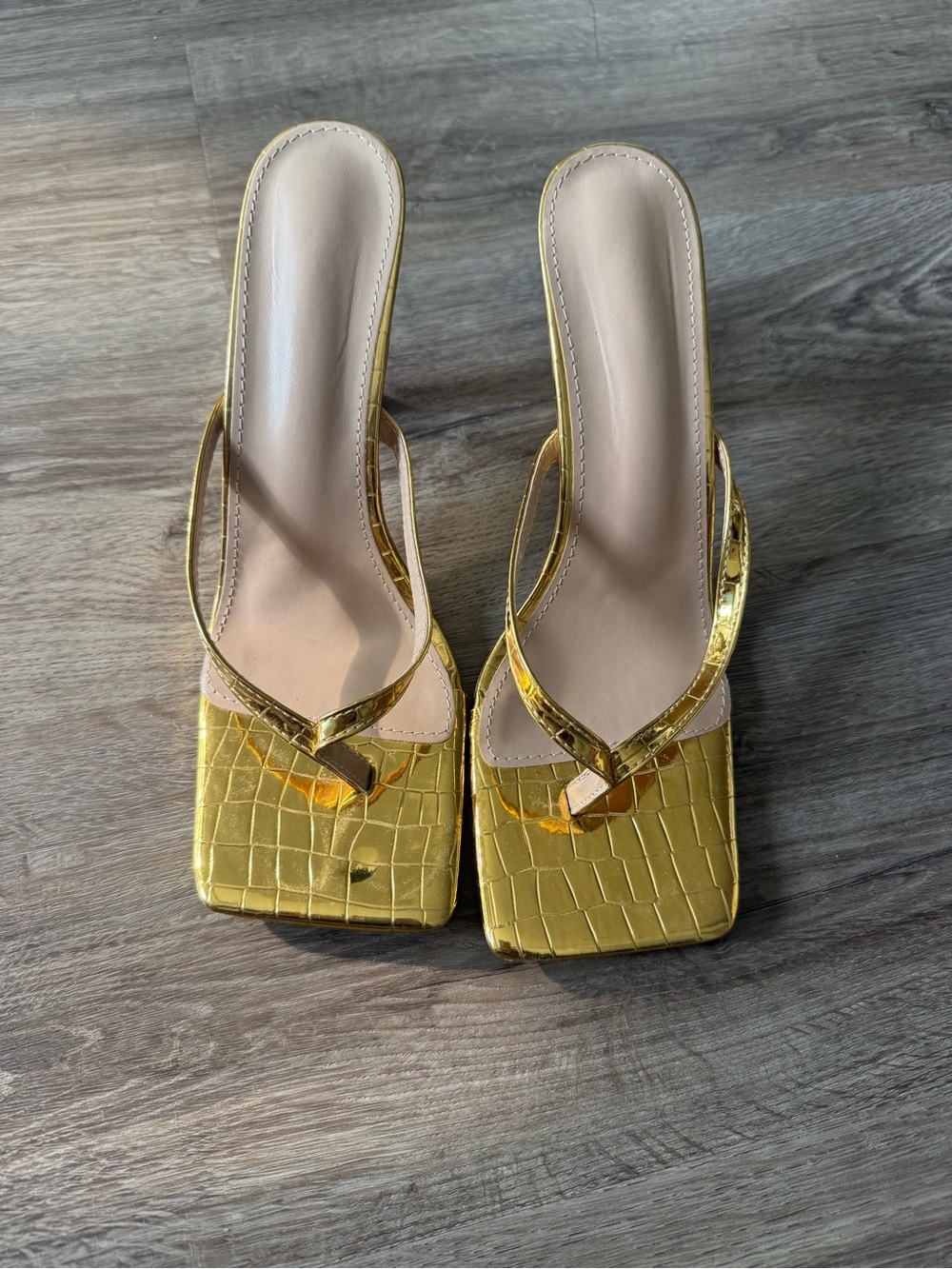 Gold Croc-Embossed Square-Toe Women's Slide Sandals